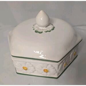 Vintage Ceramic Trinket Container Candy Dish Hexagon Daisy Made In Italy